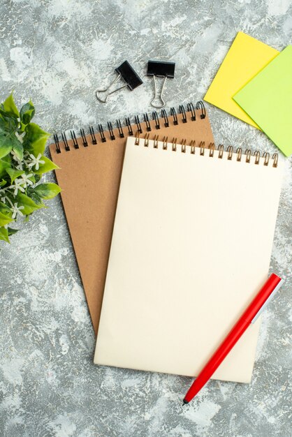 Vista vertical de dois cadernos espirais kraft com caneta, papel timbrado colorido e vaso de flores sobre fundo de gelo