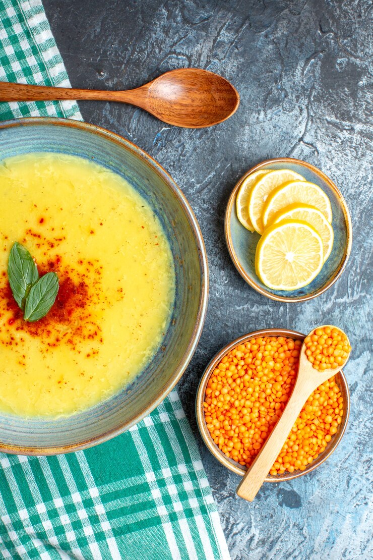 Foto grátis vista vertical de uma panela azul com sopa saborosa servida com hortelã e pimenta