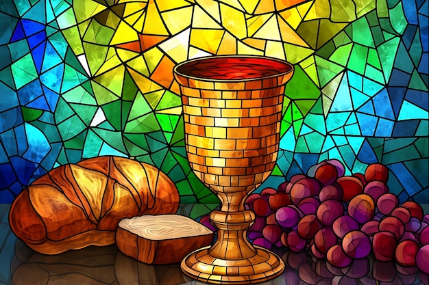 Vitrais coloridos com cena de santa comunhão