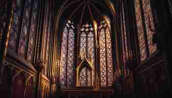 Foto grátis vitrais iluminam o interior da majestosa catedral gótica gerada por ia