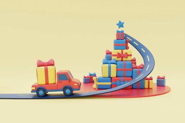 Viu lateral caminhão vermelho entregando presentes de Natal