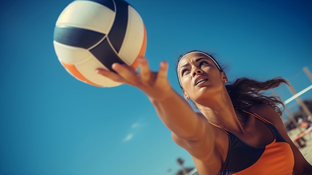 Voleibol com jogadora e bola.