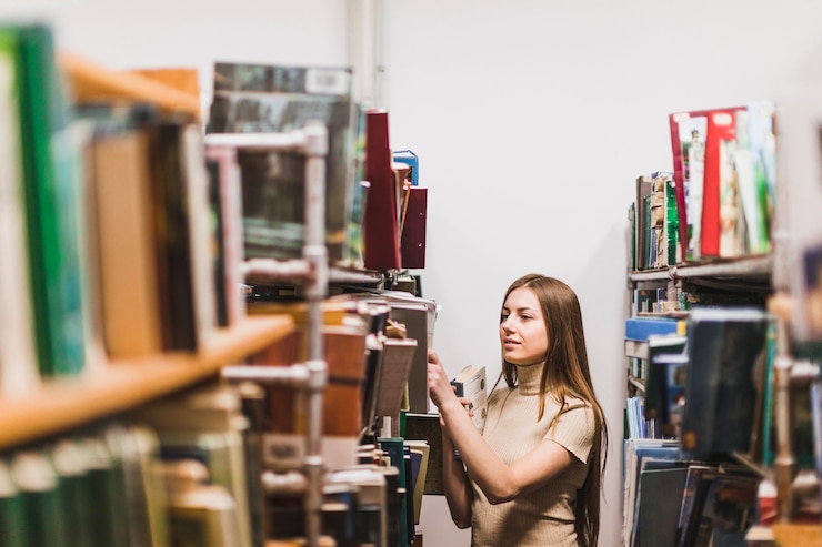 Foto grátis volta ao conceito de escola com mulher estudando na biblioteca