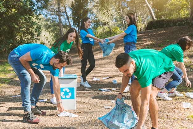 Voluntários limpando em madeiras agradáveis