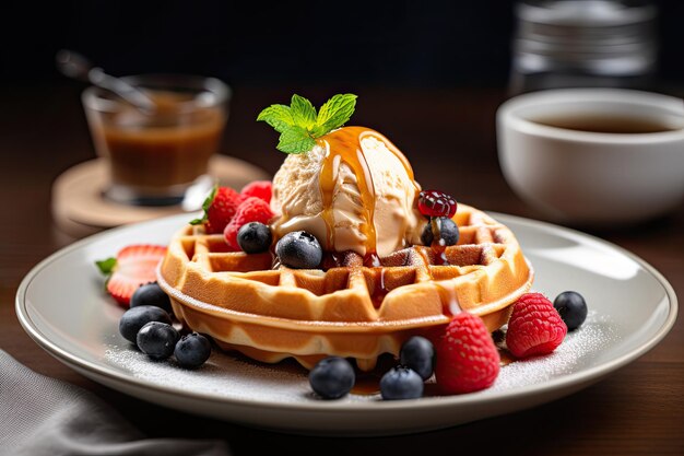 Waffles com calda de sorvete de caramelo e frutas frescas na mesa de madeira Ai generative