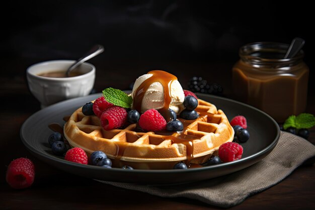 Waffles com calda de sorvete de caramelo e frutas frescas na mesa de madeira Ai generative