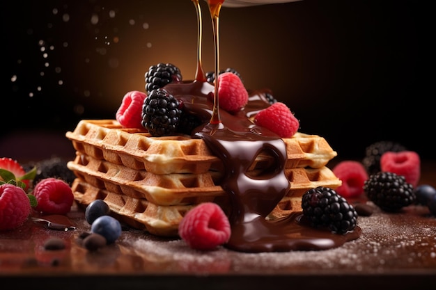 Foto grátis waffles com chocolate e framboesa no topo