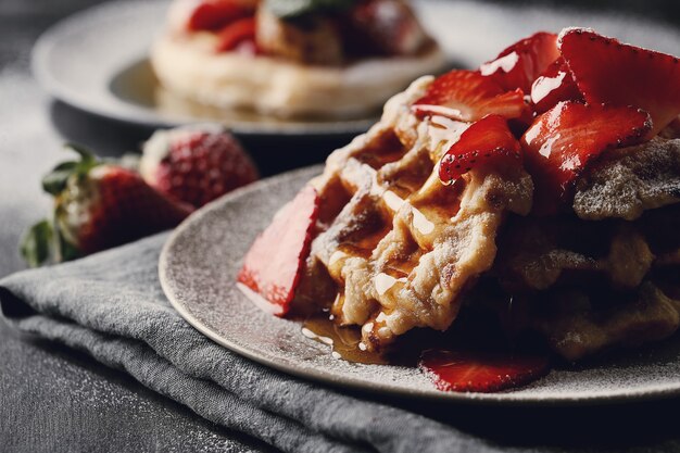 Waffles deliciosos com frutas e mel