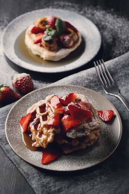 Waffles deliciosos com frutas e mel