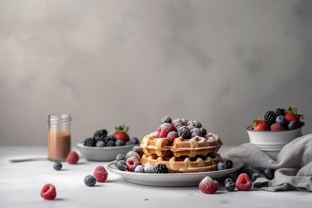 Waffles frescos com bagas e açúcar em pó no fundo branco Ai generative