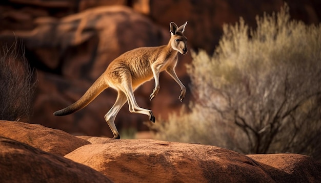 Foto grátis wallaby fofo parado no pôr do sol do outback gerado por ia