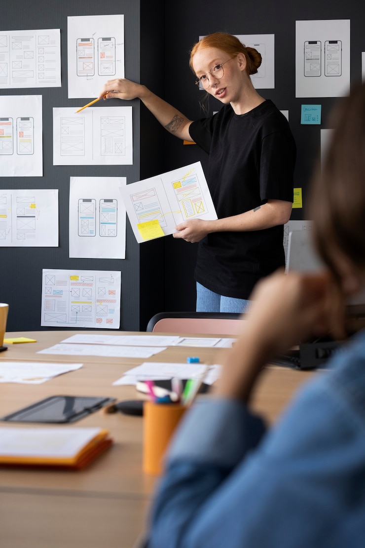 Foto grátis web designer feminina com papéis e notas no escritório