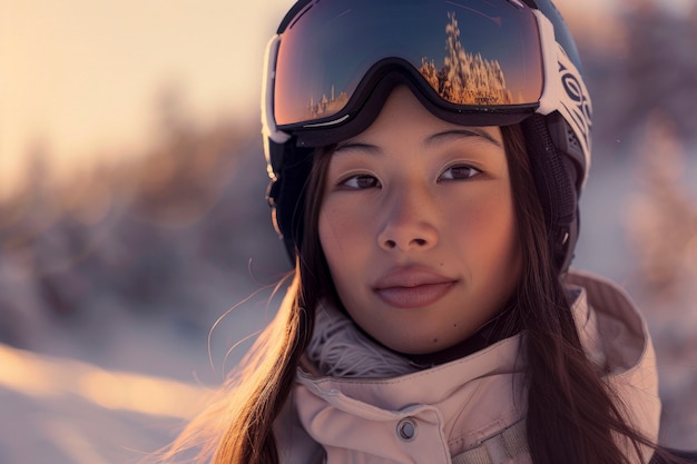 Foto grátis woman snowboarding in wintertime with dreamy landscape and pastel shades