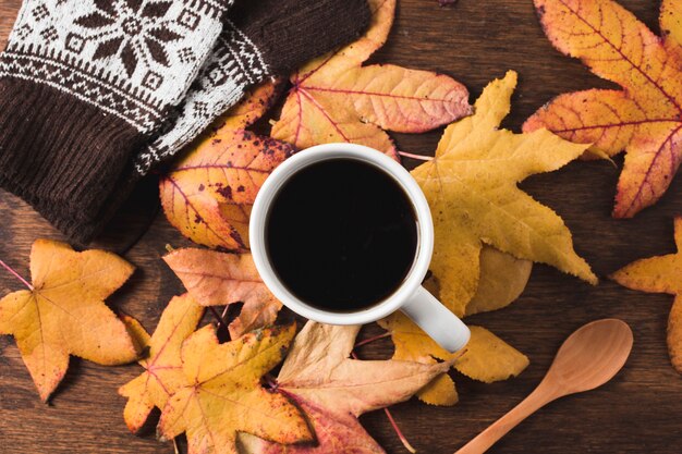 Xícara de café e luvas no Outono folhas fundo