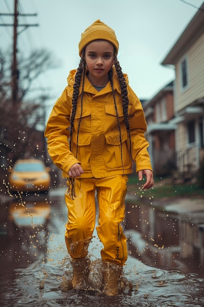 Foto grátis young child enjoying childhood happiness by playing in the puddle of water after rain