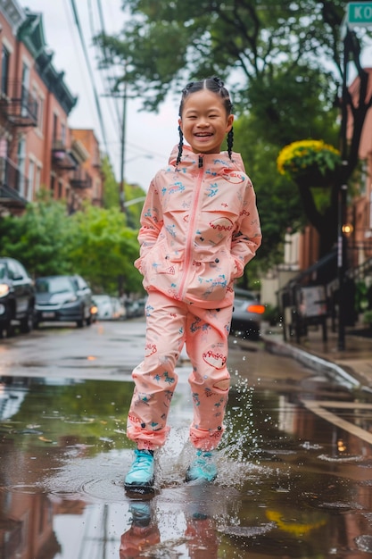 Foto grátis young child enjoying childhood happiness by playing in the puddle of water after rain