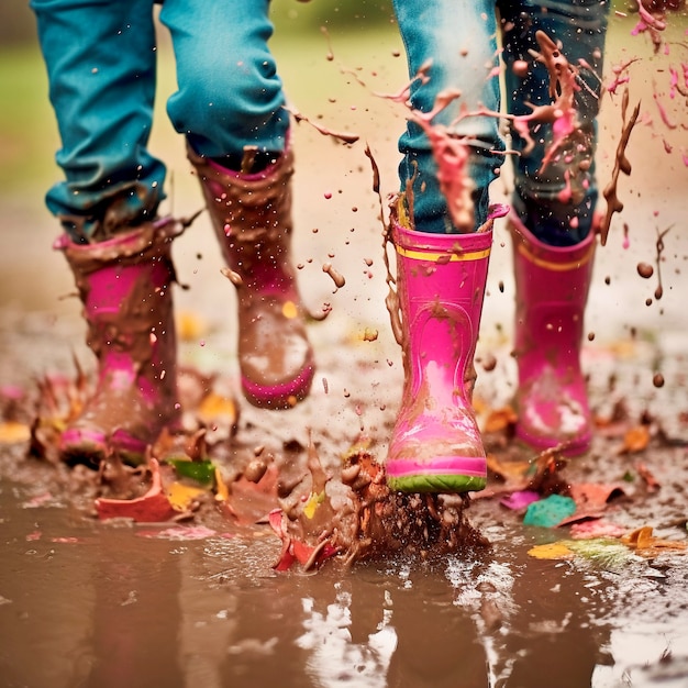 Foto grátis young kids enjoying childhood happiness by playing in the puddle of water after rain