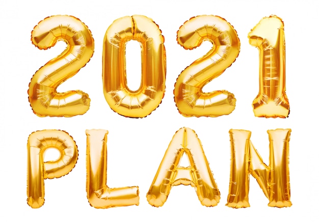 2021 plan-satz aus goldenen aufblasbaren luftballons, isoliert auf weiß. neujahrsauflösungszielliste, änderungs- und bestimmungskonzept. heliumballons folieren buchstaben und zahlen, feierdekoration