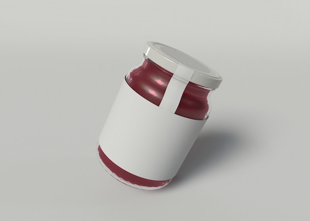 3D-Abbildung. Modell eines Marmeladenglases mit einem leeren Etikett auf isoliertem weißem Hintergrund. Verpackungskonzept.