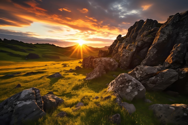Kostenlose Foto 3d-ansicht der sonne am himmel mit naturlandschaft