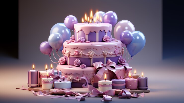 3D-Ansicht eines köstlich aussehenden Kuchens mit Luftballons