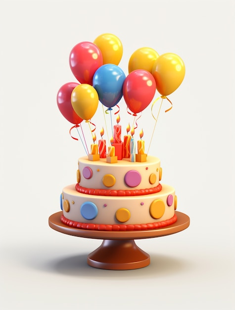 3D-Ansicht eines köstlich aussehenden Kuchens mit Luftballons