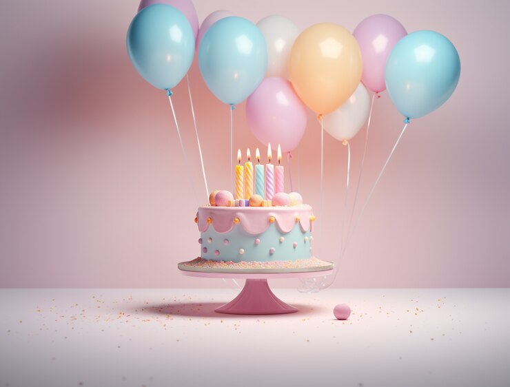 3D-Ansicht eines köstlich aussehenden Kuchens mit Luftballons