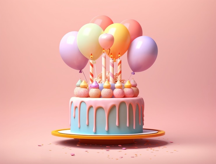 3D-Ansicht eines köstlich aussehenden Kuchens mit Luftballons