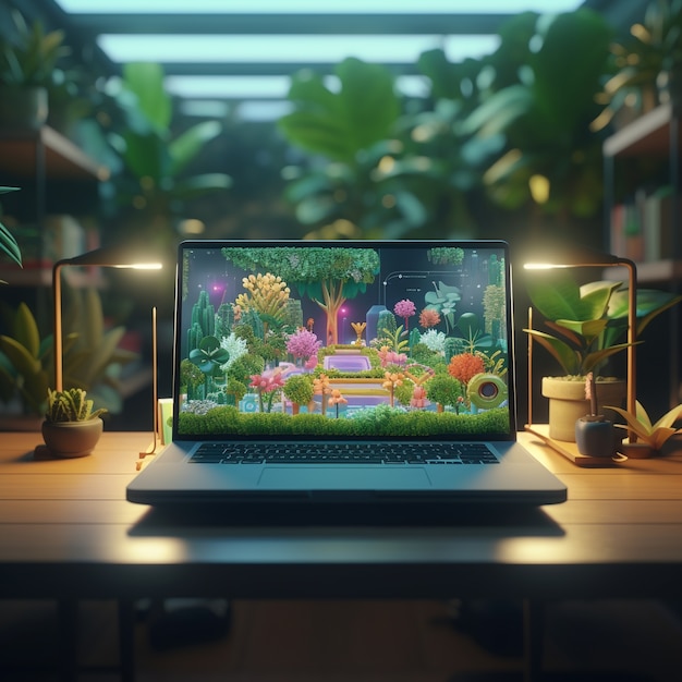 3D-Ansicht eines Personalcomputers mit Vegetation