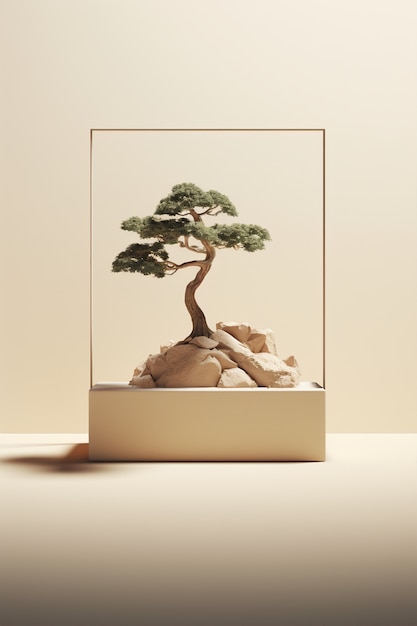 Kostenloses Foto 3d-baum mit blättern und zweigen auf dem podium