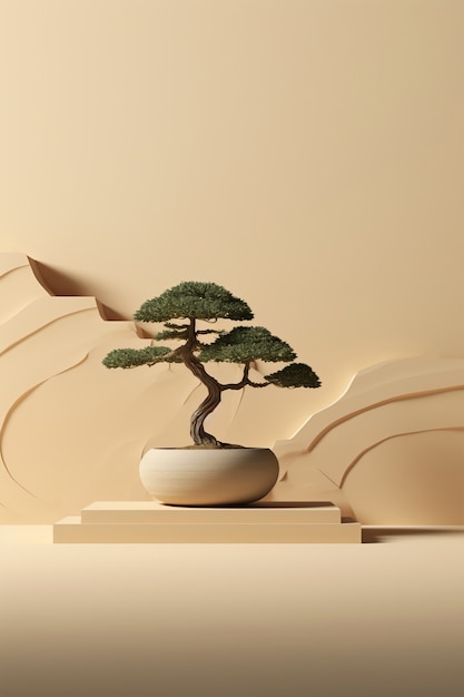 3D-Baum mit Zweigen und Blättern auf dem Podium