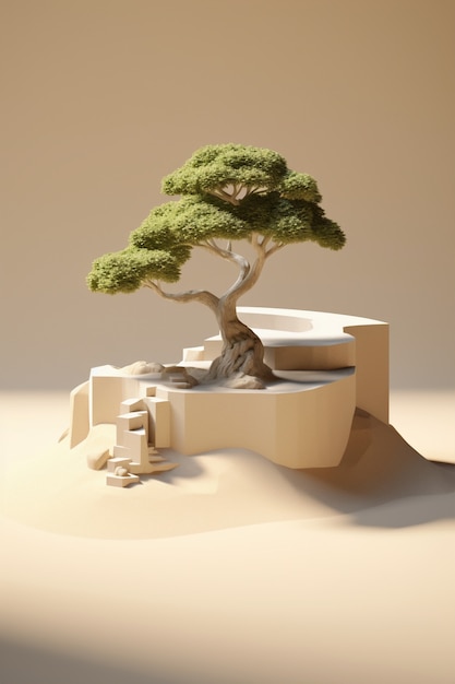 3D-Baum mit Zweigen und Blättern auf dem Podium