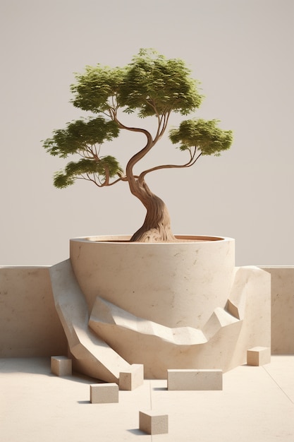 3D-Baum mit Zweigen und Blättern auf dem Podium