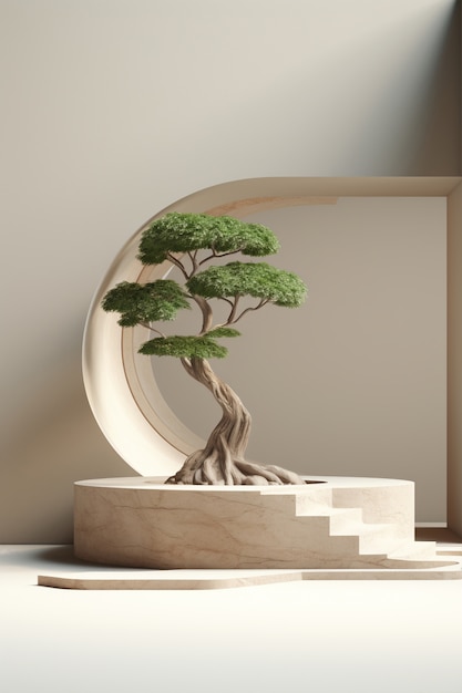 3D-Baum mit Zweigen und Blättern auf dem Podium