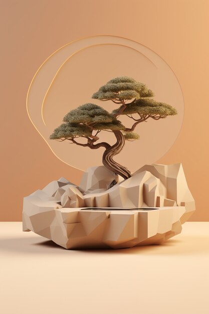 3D-Baum mit Zweigen und Blättern auf dem Podium