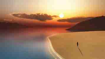 Kostenloses Foto 3d bei sonnenuntergang am strand von einer weiblichen fuß machen