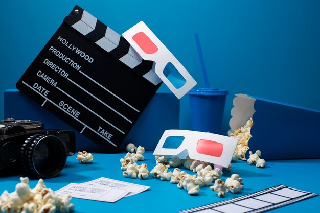 Kostenloses Foto 3d-brille und popcorn-sortiment