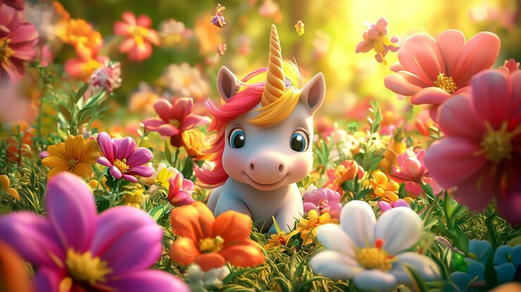 Kostenlose Foto 3d-cartoon mit einem niedlichen einhorn