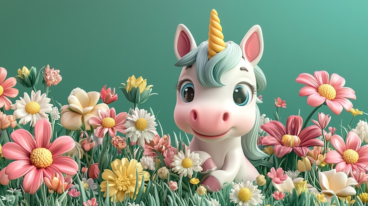 Kostenlose Foto 3d-cartoon mit einem niedlichen einhorn