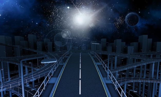3D-Darstellung der futuristischen Autobahn in der Stadt mit Weltraumhimmel