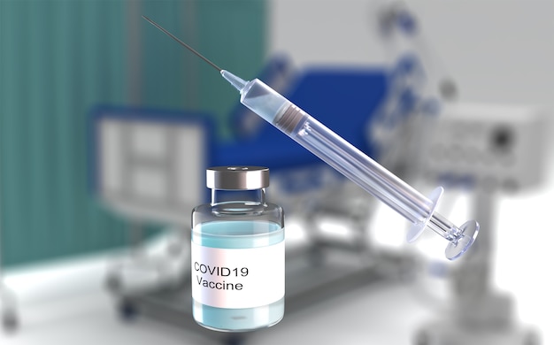 3D-Darstellung des medizinischen Hintergrunds mit Covid-Impfstoff und Spritze gegen defokussiertes Krankenhausbild