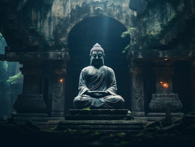 3D-Darstellung einer Buddha-Statue in einer Höhle