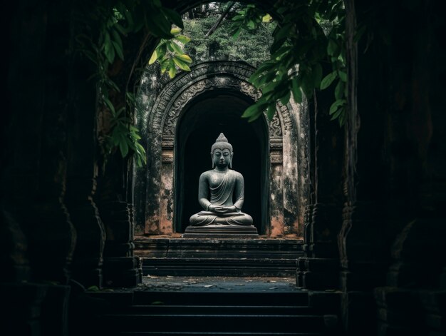 3D-Darstellung einer Buddha-Statue in einer Höhle