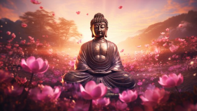 3D-Darstellung einer Buddha-Statue, umgeben von Blumen