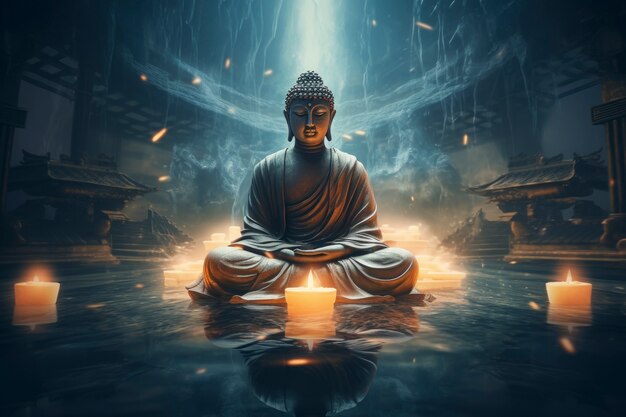 3D-Darstellung einer Buddha-Statue und Kerzen