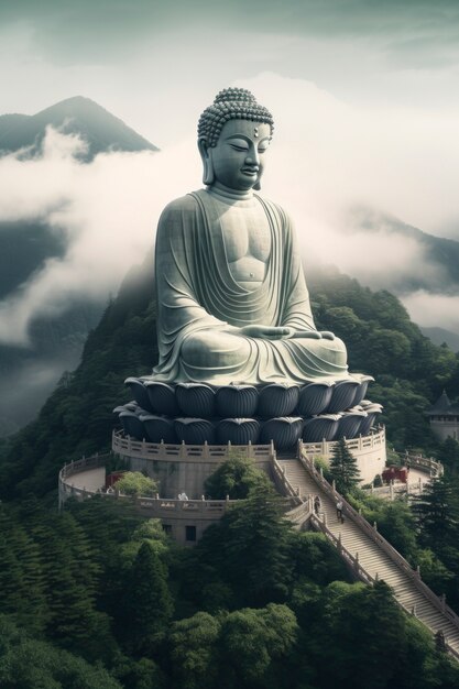 3D-Darstellung einer Buddha-Statue vor dem Himmel