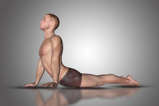 3D-Darstellung einer männlichen Figur in einer Yoga-Position