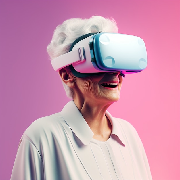 Kostenloses Foto 3d-darstellung einer oma mit vr-brille