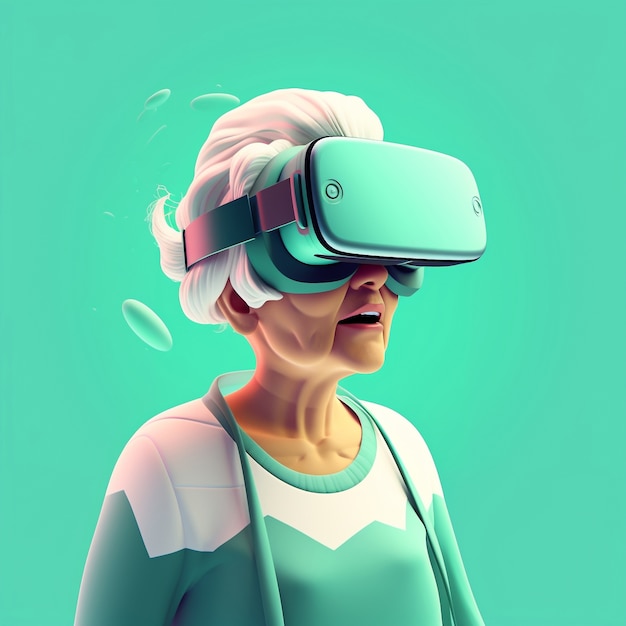 Kostenloses Foto 3d-darstellung einer oma mit vr-brille