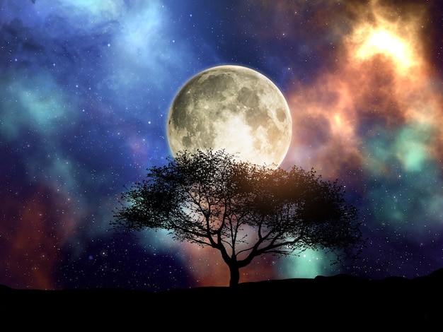 3D-Darstellung einer Silhouette eines Baumes gegen einen Weltraumhimmel mit Mond